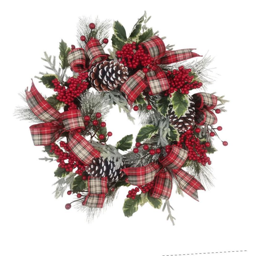 24-Inch Flocked Decorated Unlit Rattan Wreath with Plaid Bow and Holly Berry