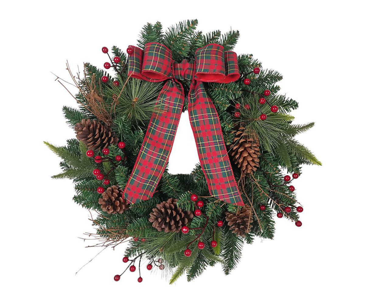 24-Inch Decorated Unlit Green Wreath with Bow, Holly Berrys and Cones