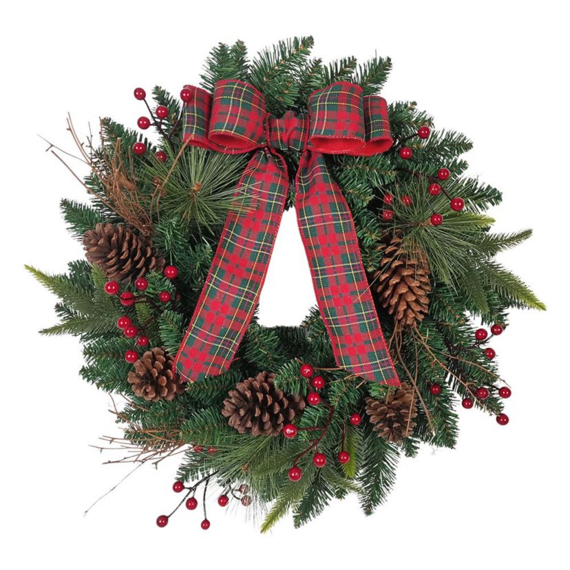 24-Inch Decorated Unlit Green Wreath with Bow, Holly Berrys and Cones