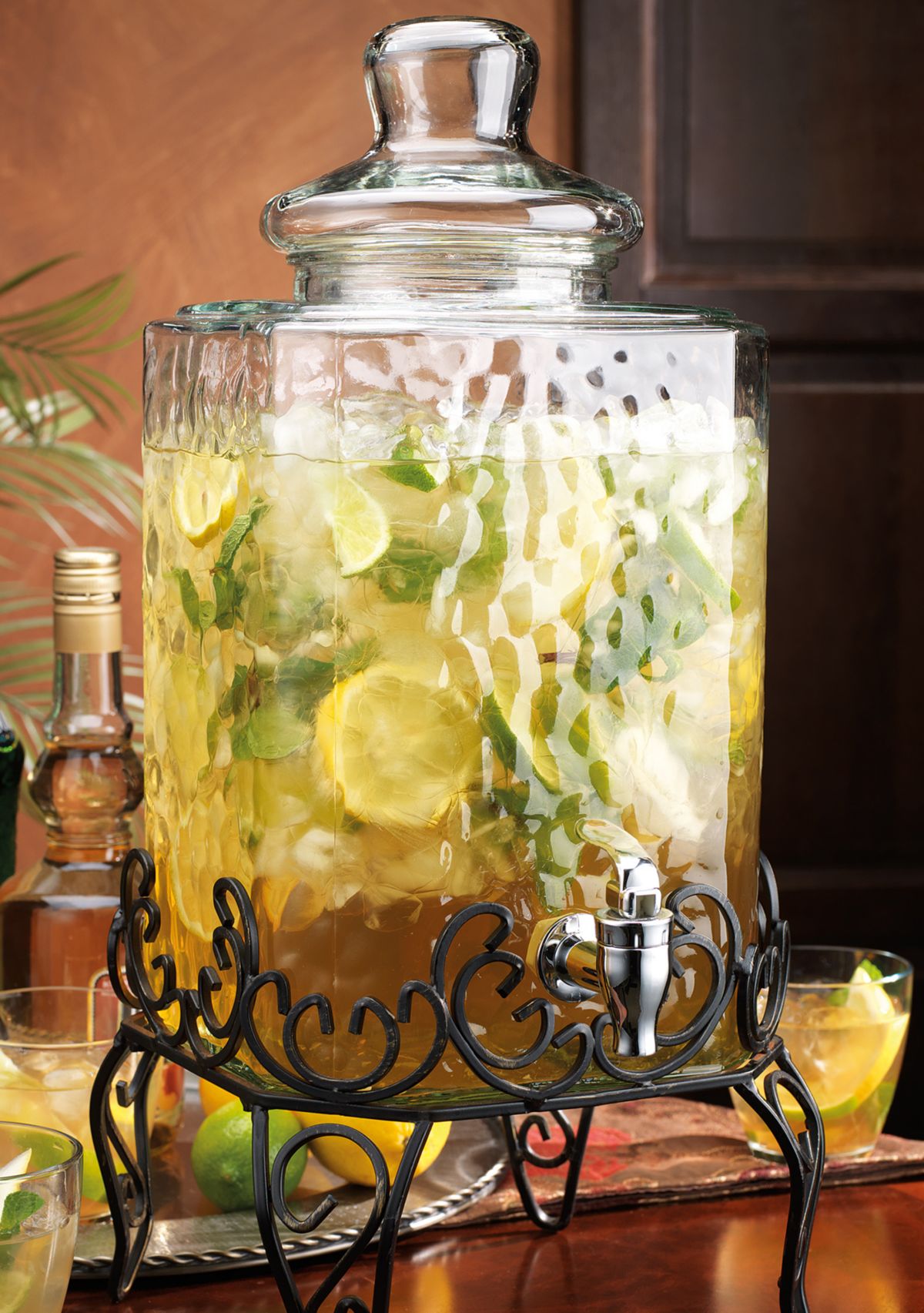 Hammered Glass Beverage Dispenser with Scroll Iron Stand