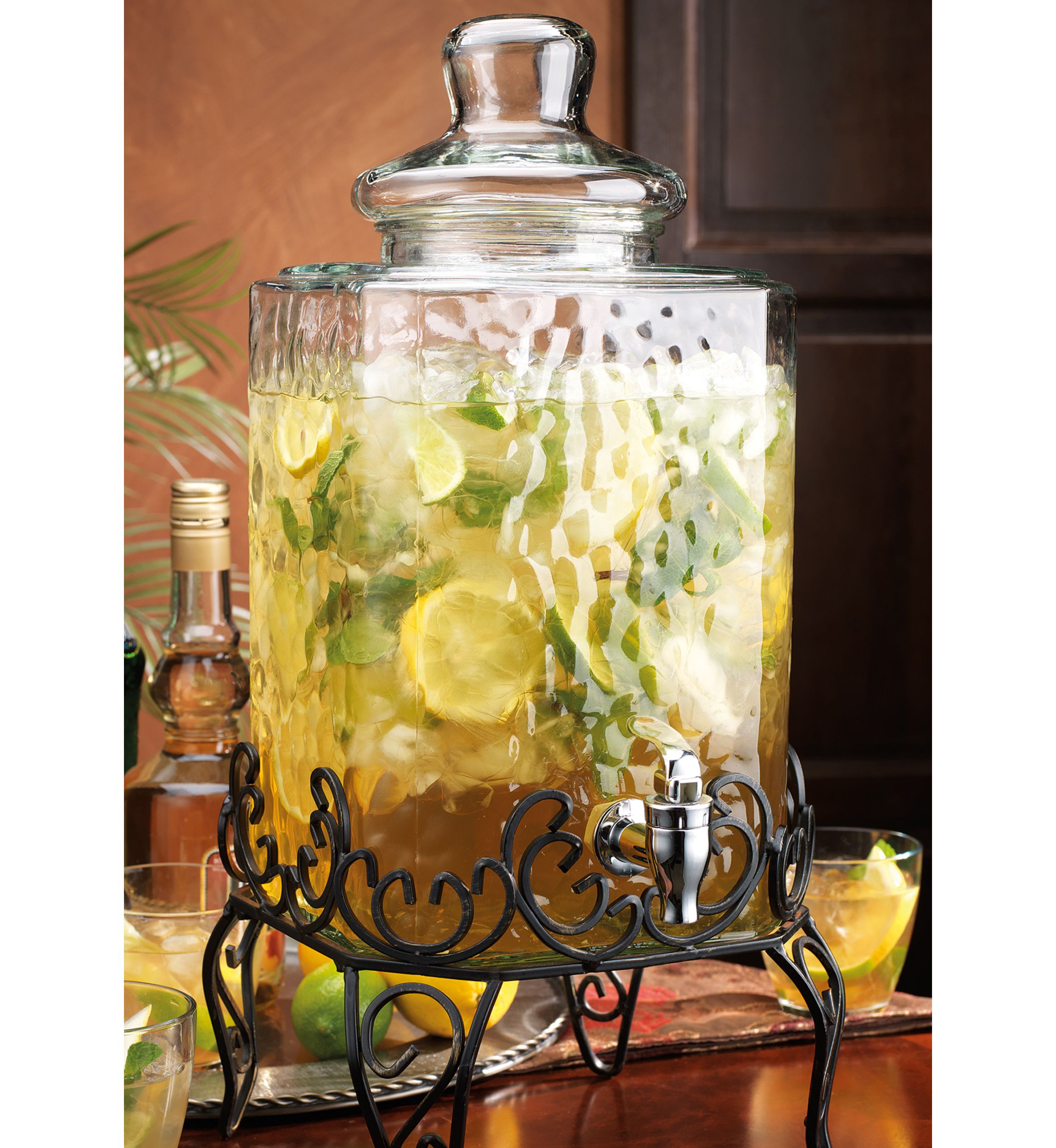 Hammered Glass Beverage Dispenser with Scroll Iron Stand