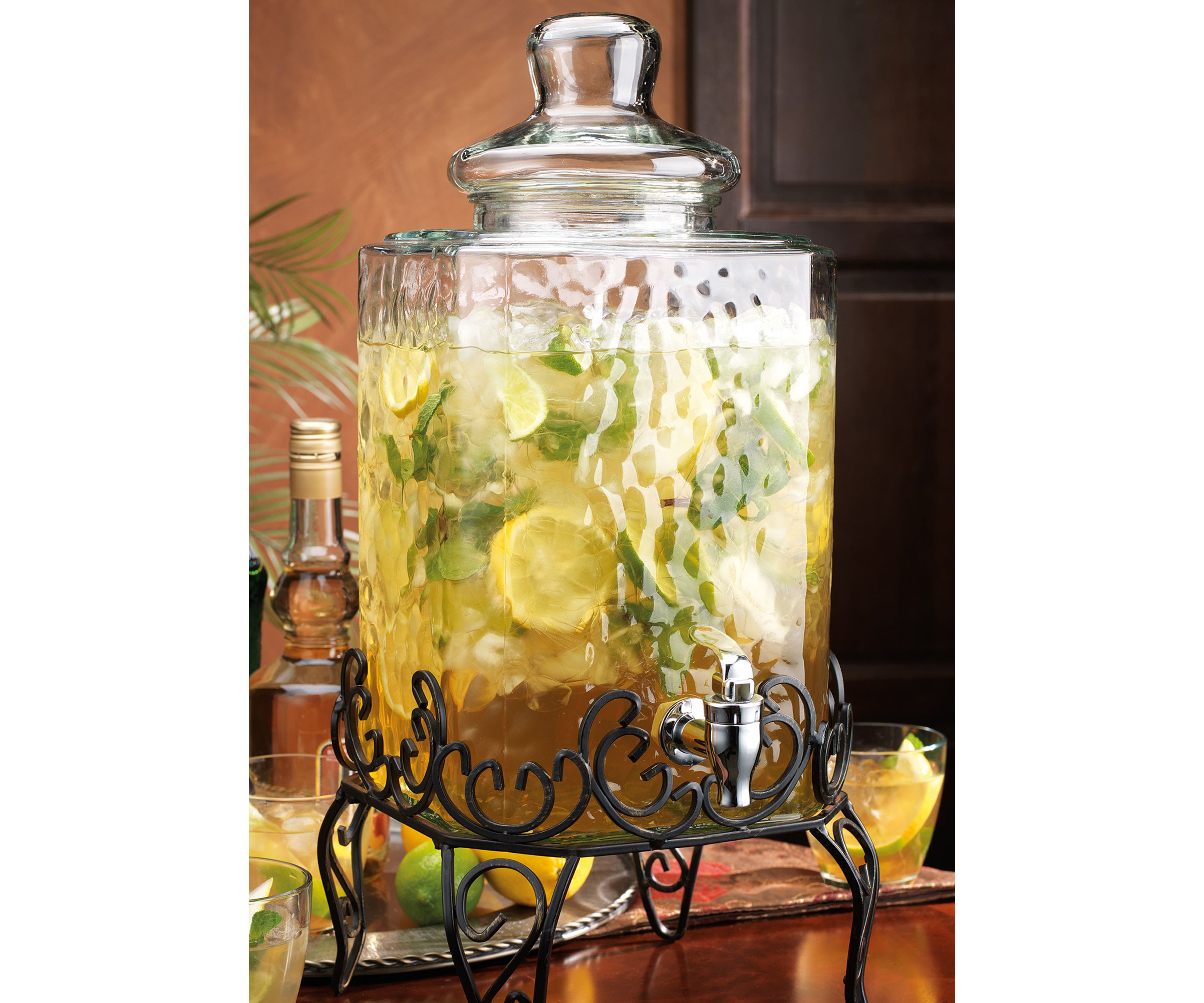 Hammered Glass Beverage Dispenser with Scroll Iron Stand