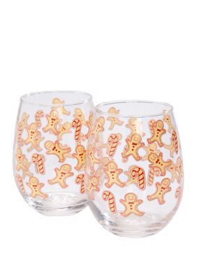 Home Essentials Set of 2 Gingerbread Man and Candy Cane Stemless Wine