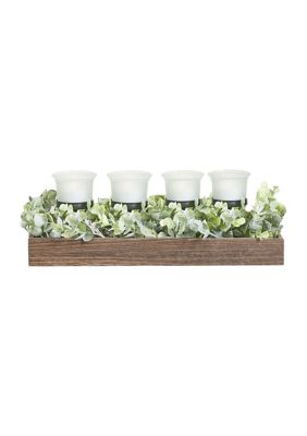 Wood Tray with Votive Holders and Faux Greenery