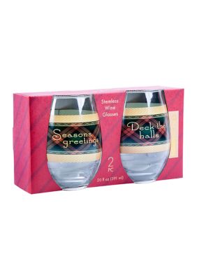 Plaid Holiday Sayings Stemless Wine Glasses 