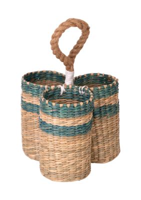 Turquoise Striped Seagrass Flatware Caddy