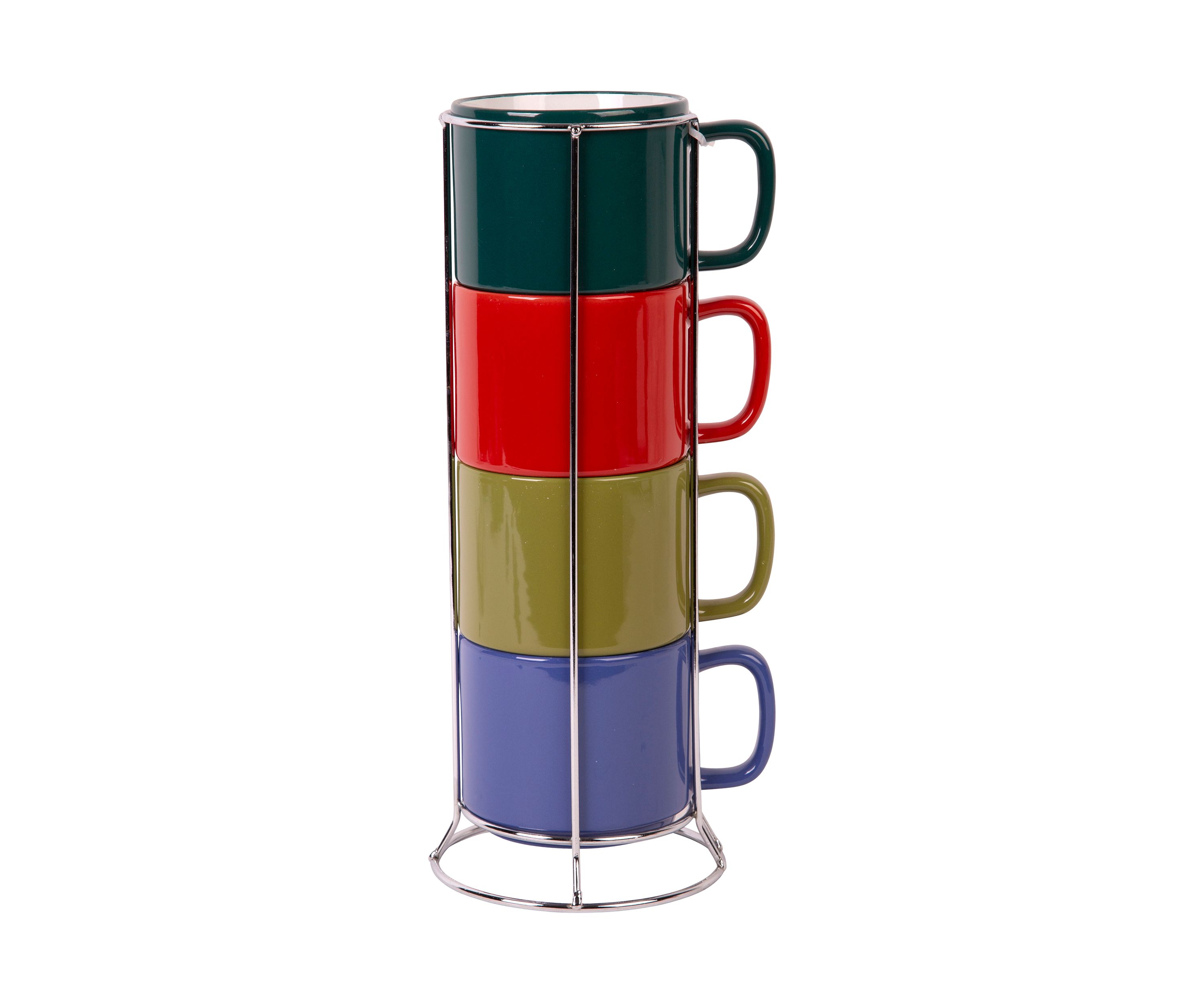 Set of 4 Stackable Mugs in Metal Rack