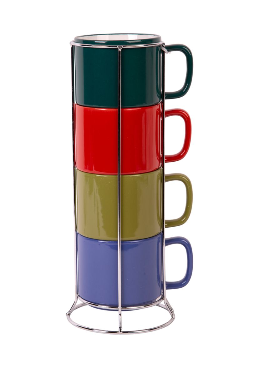 Set of 4 Stackable Mugs in Metal Rack