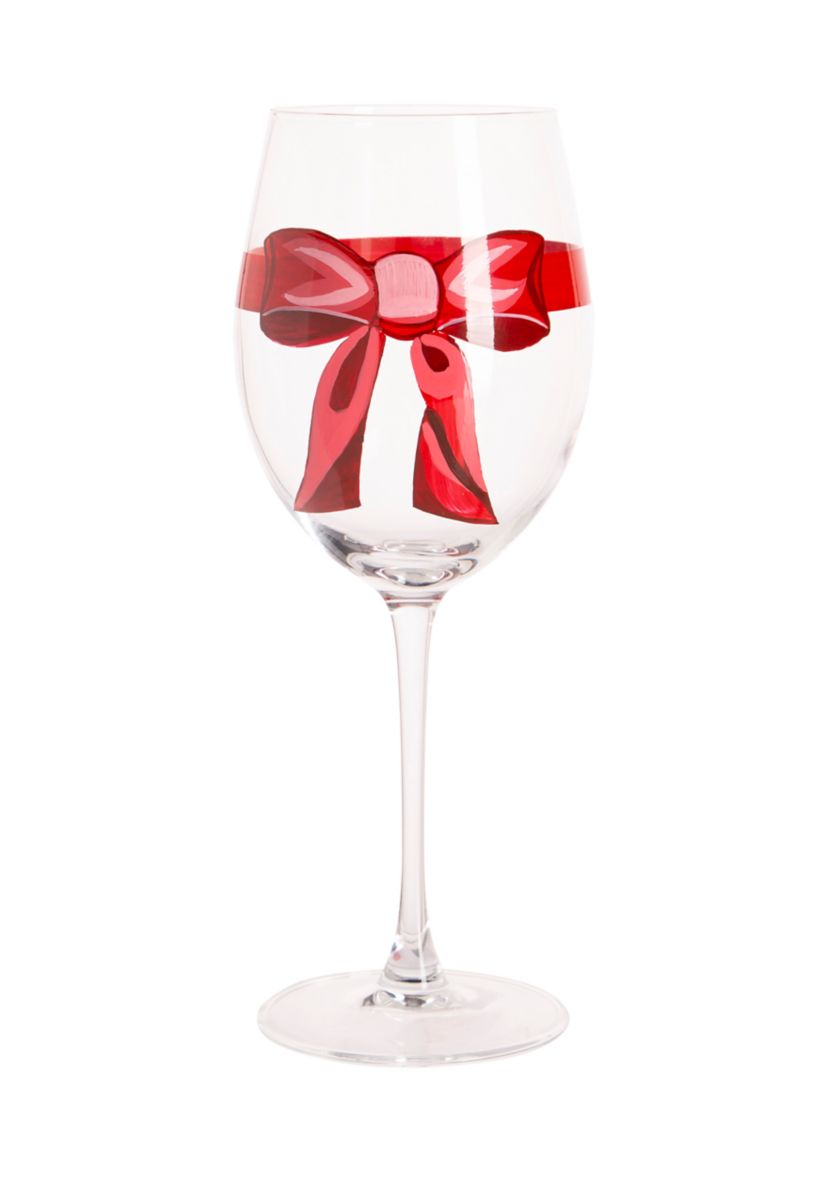 Handpainted Holiday Bow Stemmed Wine Glass