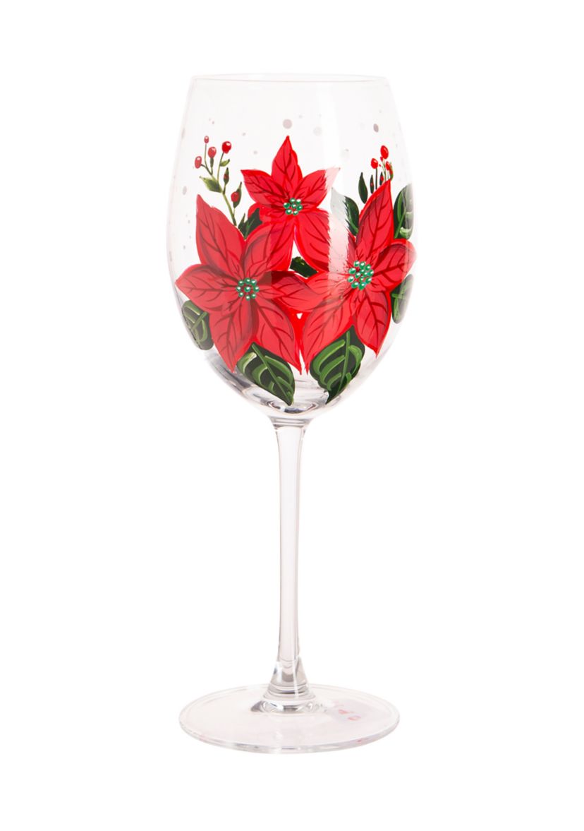 Handpainted Poinsettia Stemmed Wine Glass