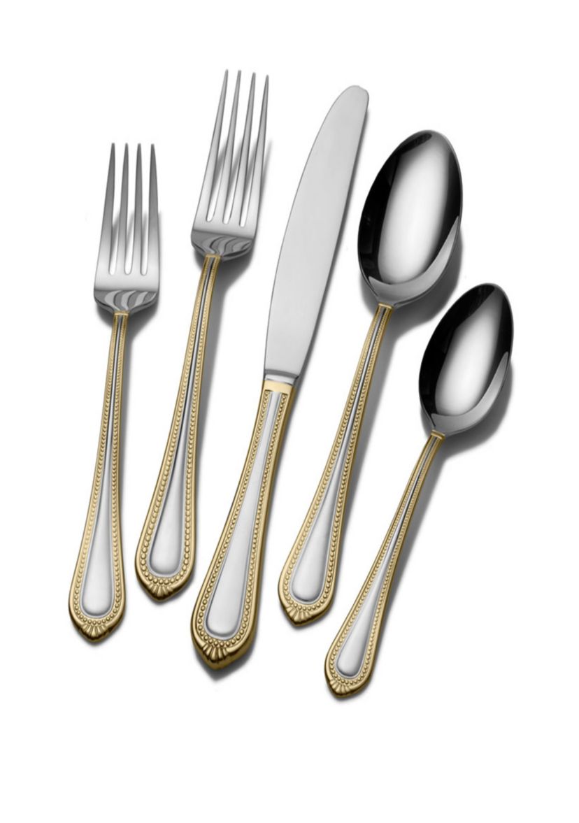 Regent Bead Gold 65-Piece Stainless Steel Flatware Set, Service for 12