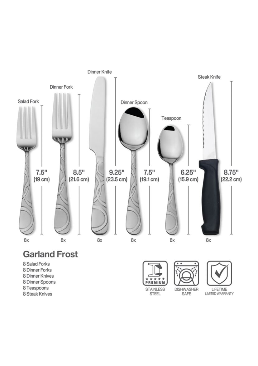Garland Frost 53-Piece Stainless Steel Flatware Serving Utensil Set and Steak Knives