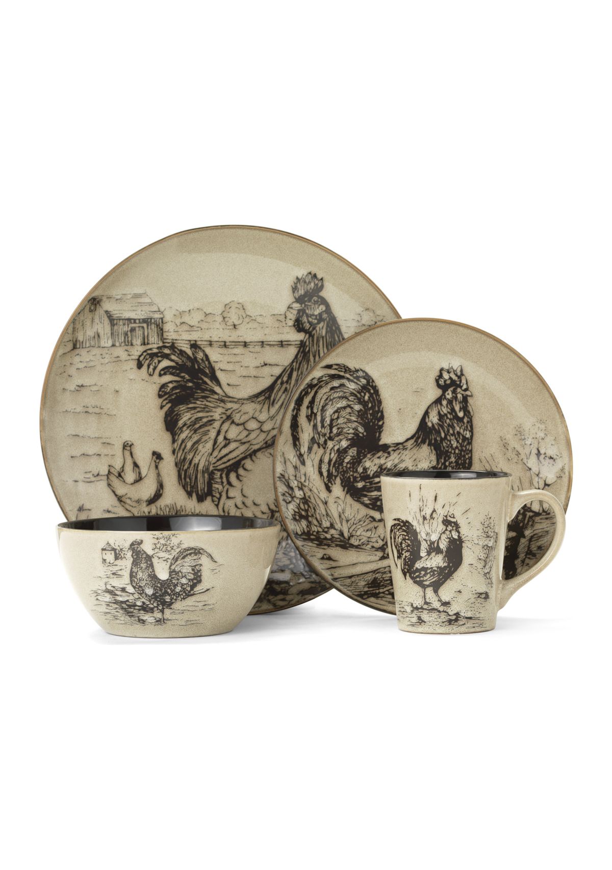 Homespun Rooster 16-Piece Dinnerware Set, Service For 4