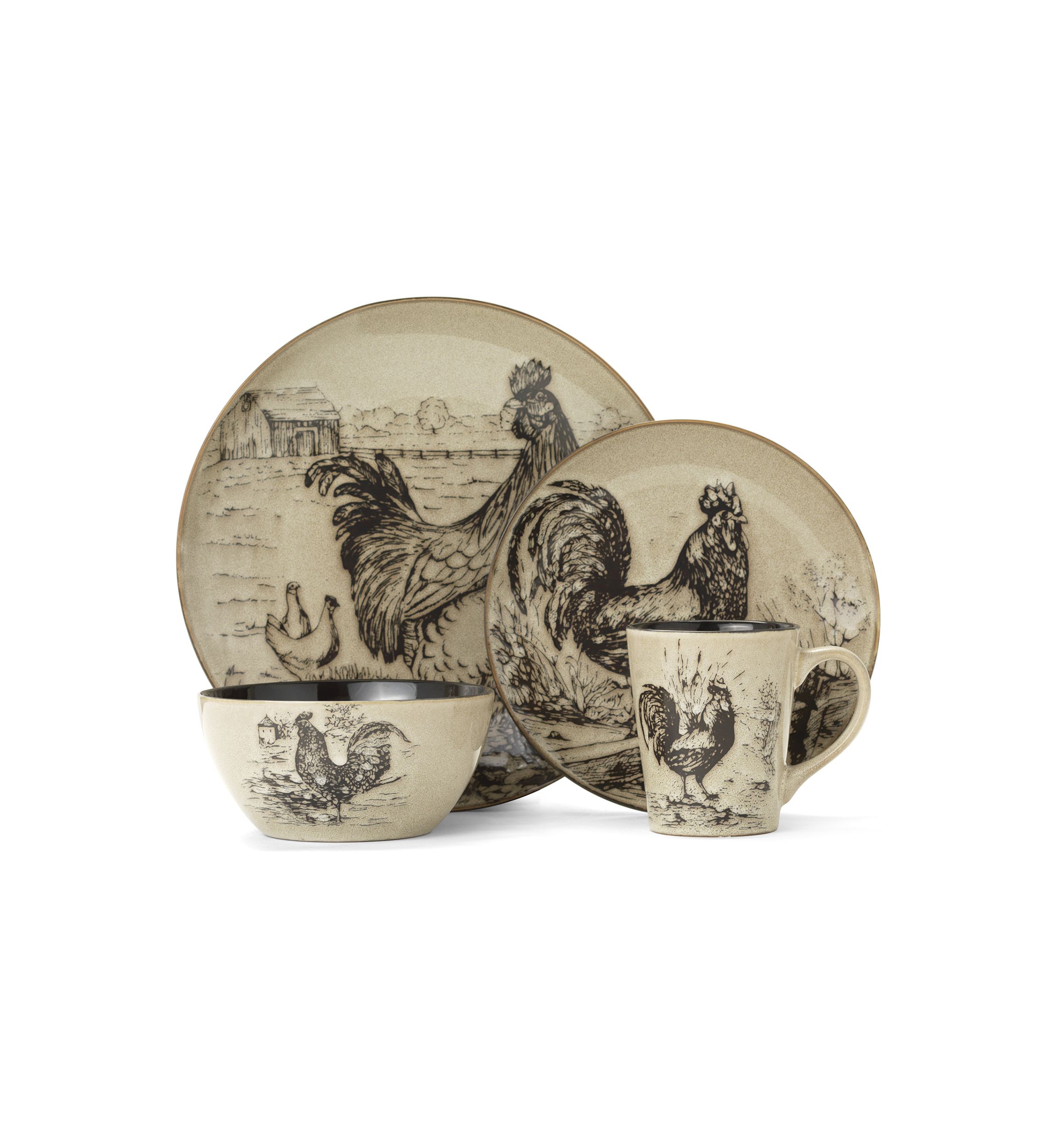 Homespun Rooster 16-Piece Dinnerware Set, Service For 4