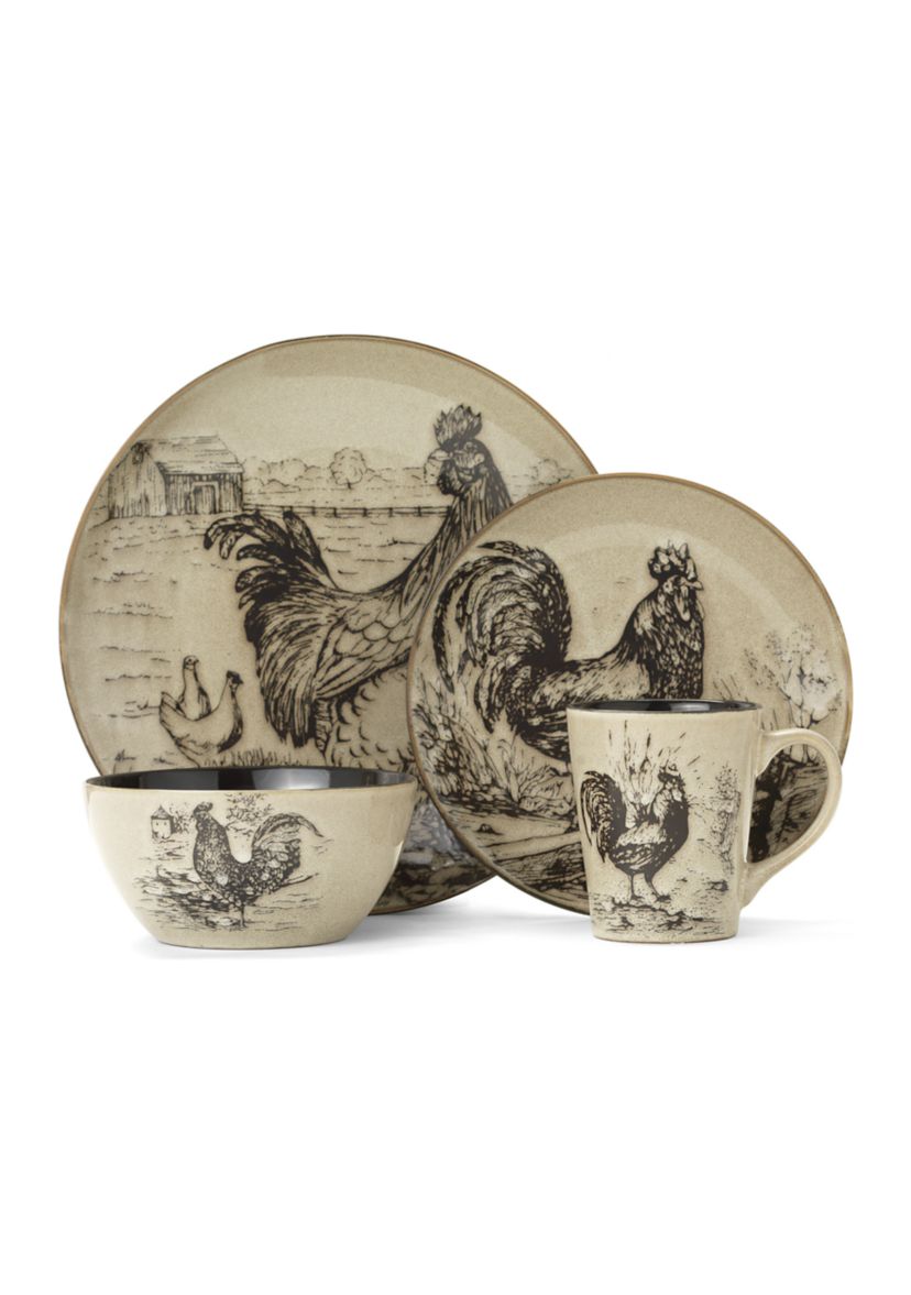 Homespun Rooster 16-Piece Dinnerware Set, Service For 4