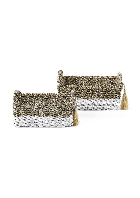 Baum Brothers Seagrass White Rectangular Basket with Tassel