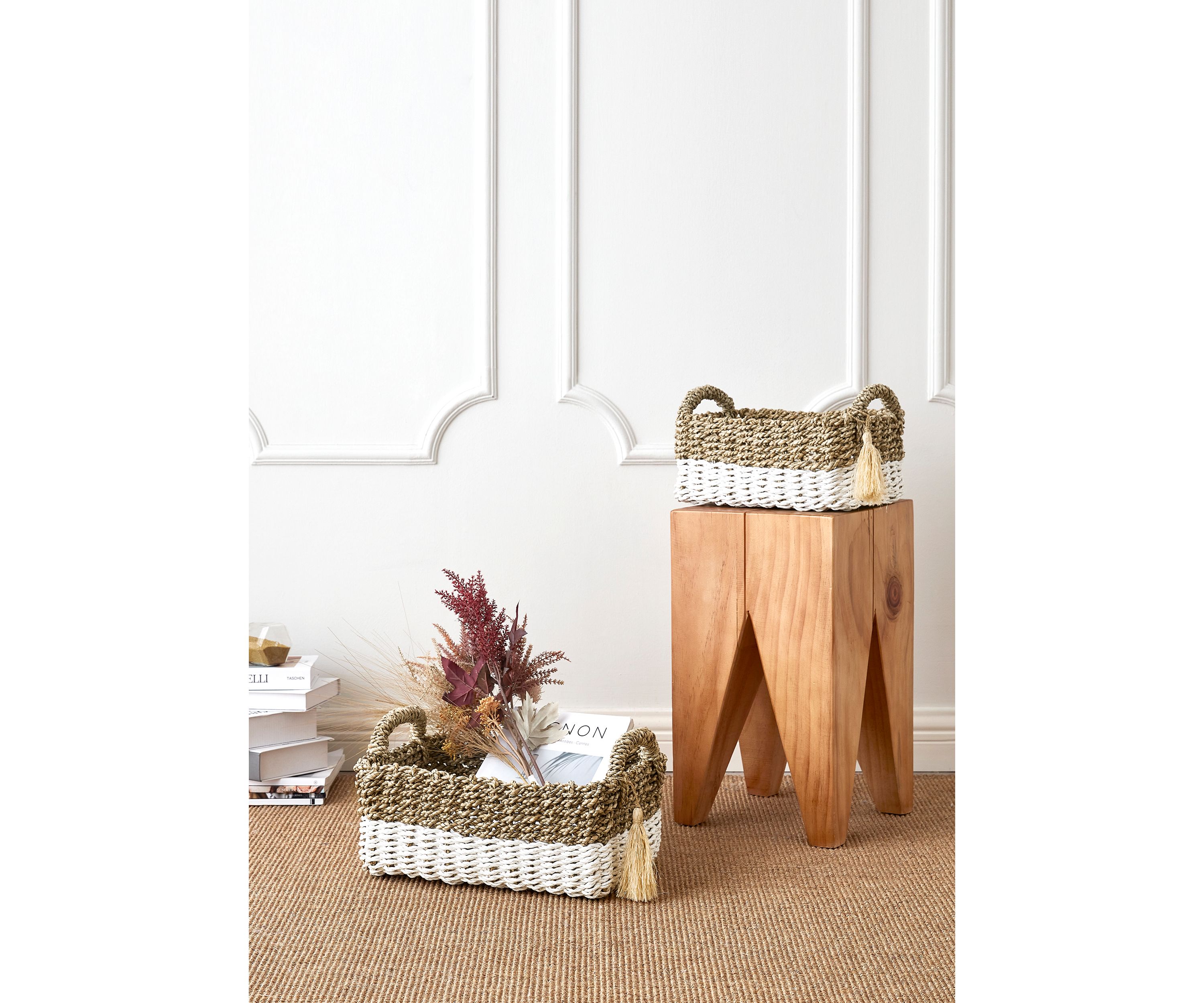 Seagrass White Rectangular  Basket with Tassel