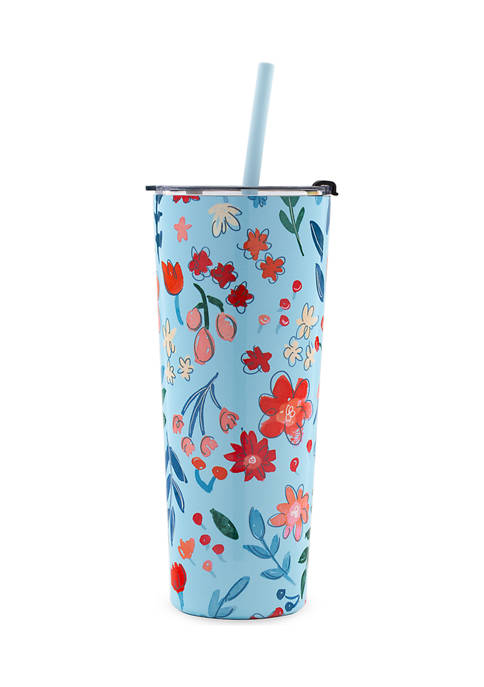 Cambridge Silversmiths 24 Ounce Blue Floral Insulated Straw