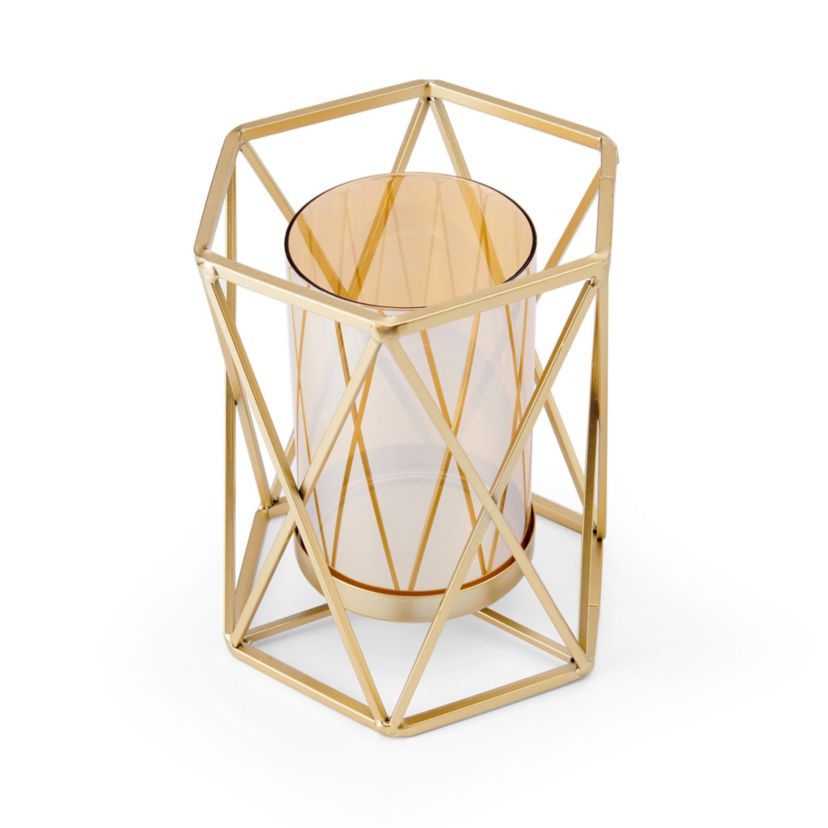 8-in Gold Metal Open Hexagon Candleholder