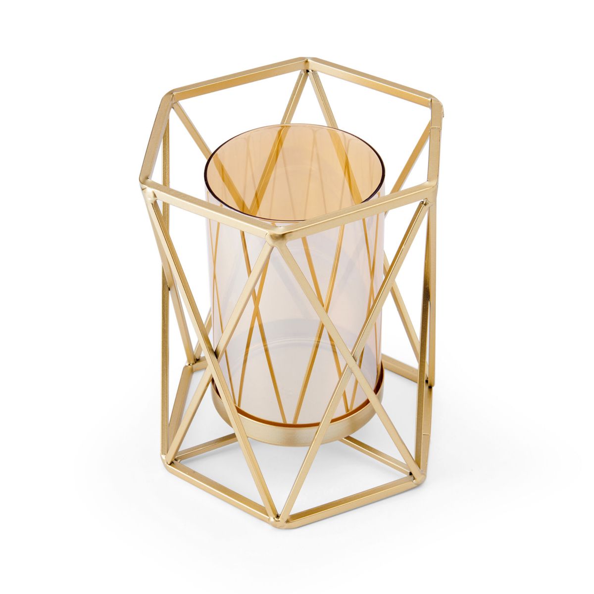 8-in Gold Metal Open Hexagon Candleholder