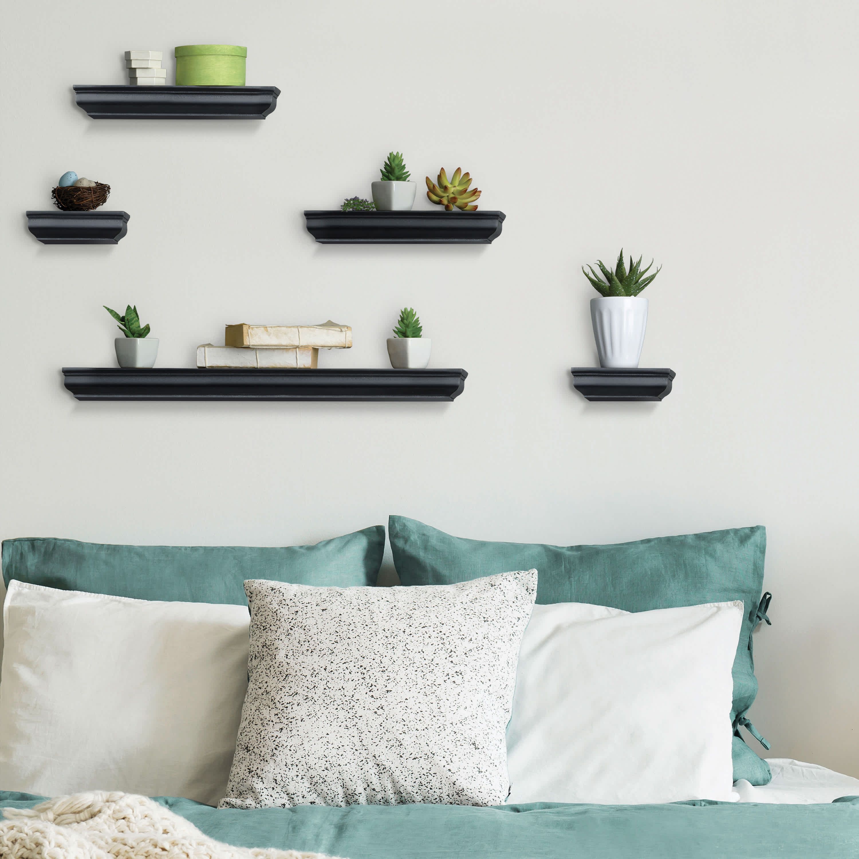 Clarendon Floating Wall Shelves for Bedroom, Living Room, Bathroom, Kitchen, Office, Nursery, Set of 5, Black