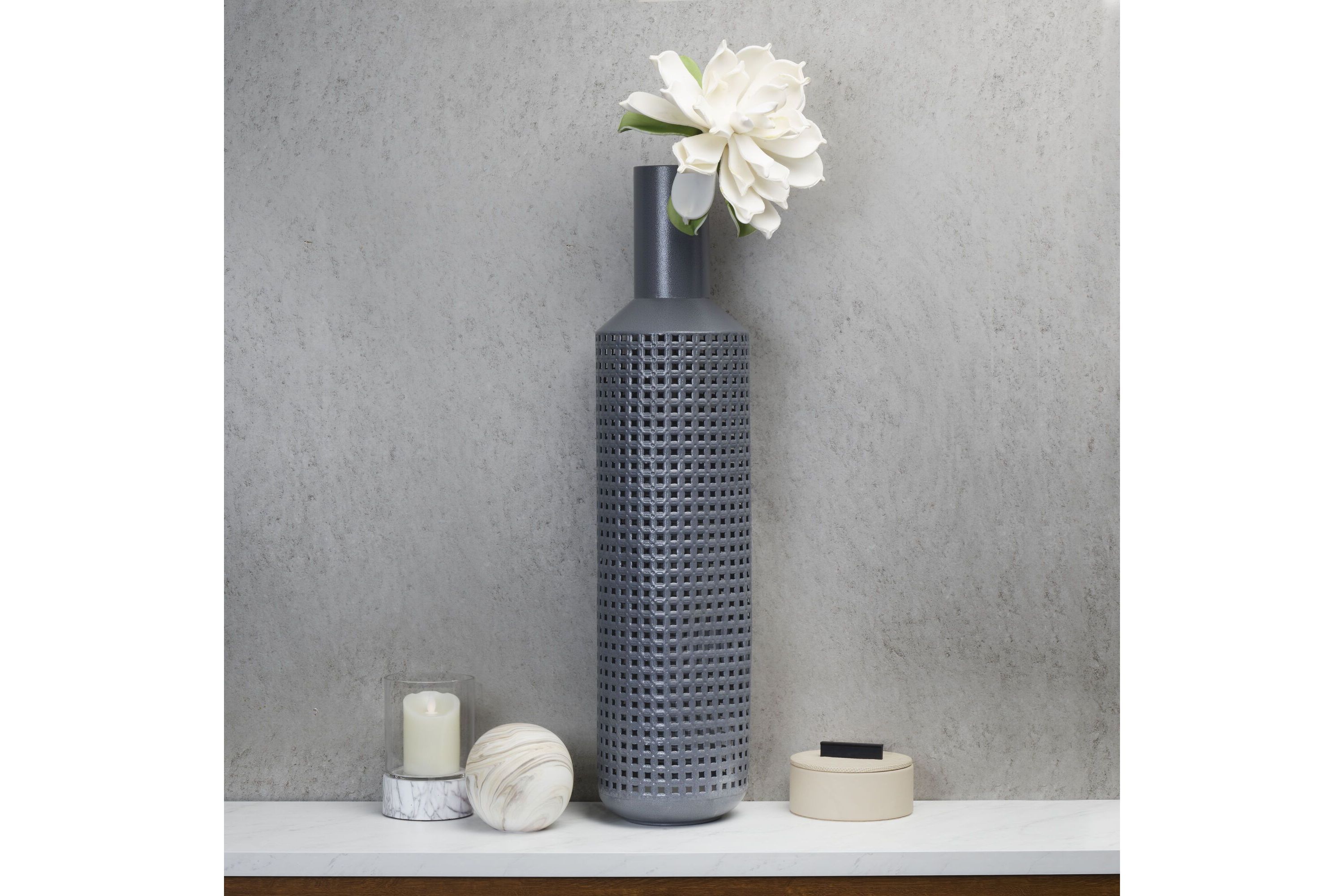 34-Inch Grey Woven Filigree Metal Vase