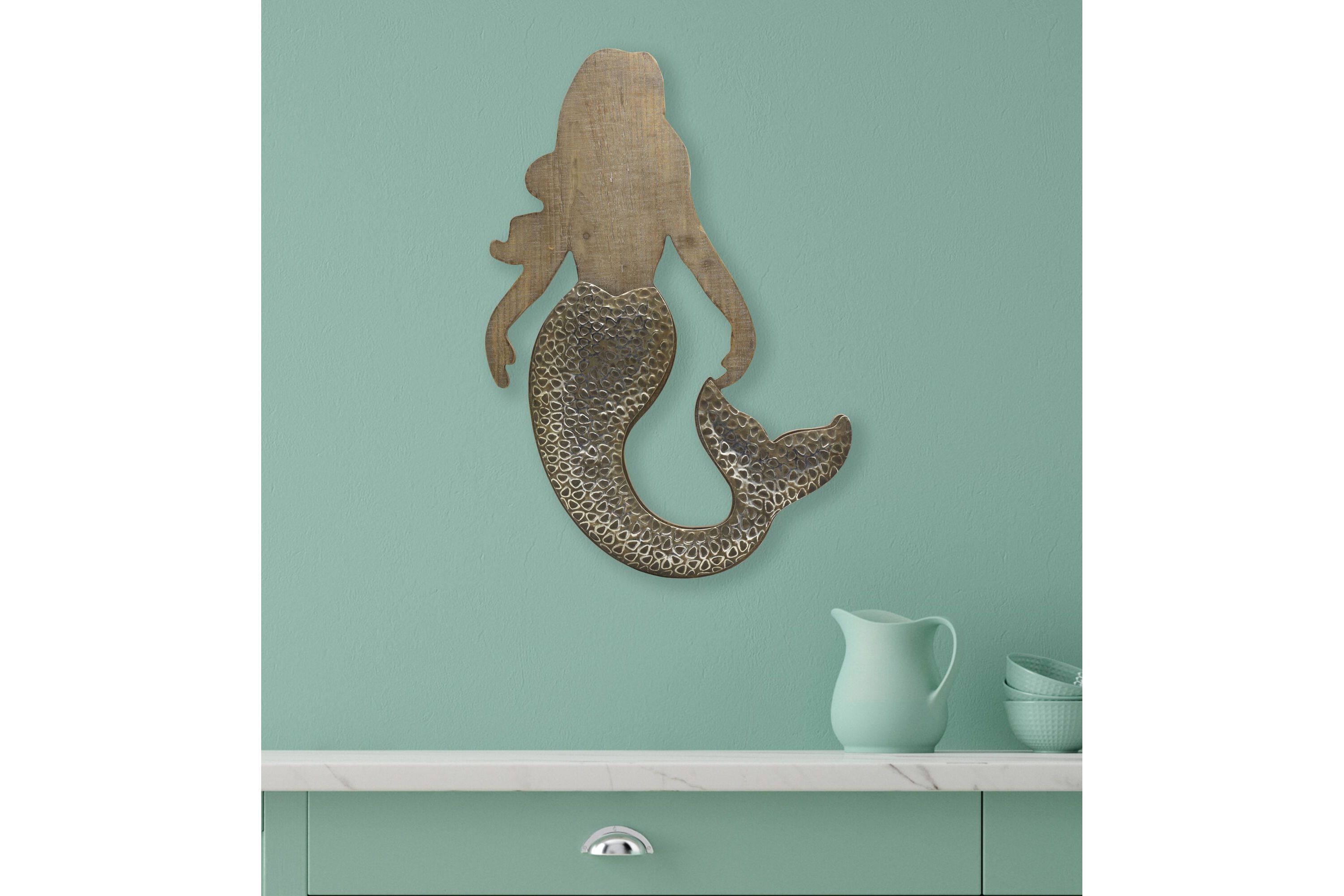 28-in Metal & Wood Mermaid Wall Décor