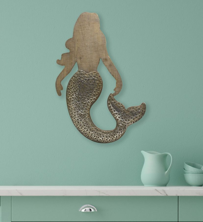 28-in Metal & Wood Mermaid Wall Décor