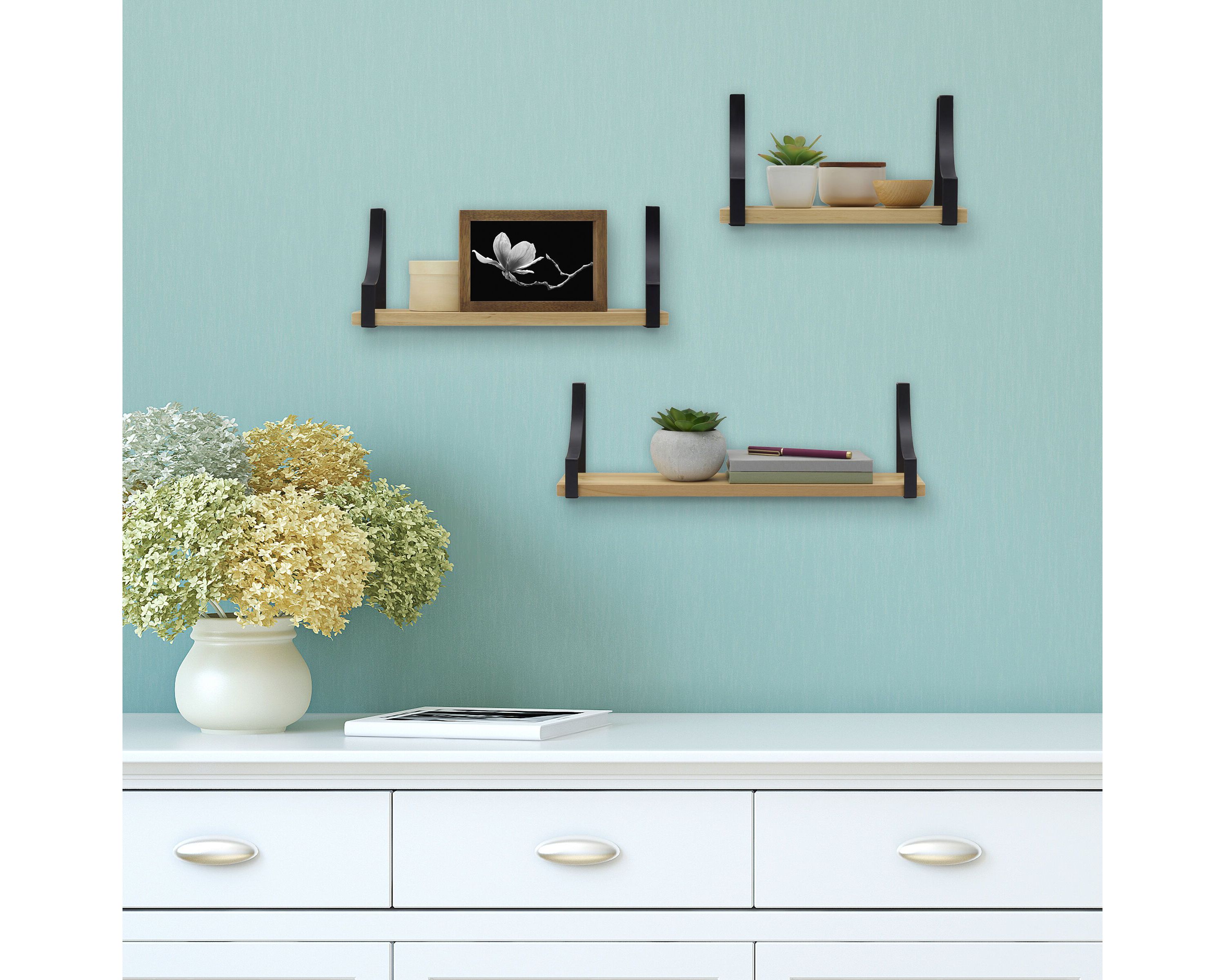 Floating Wall, Wood and Curve Metal Shelves, for Bedroom, Living Room, Kitchen, Nursery, Set of 3, Natural