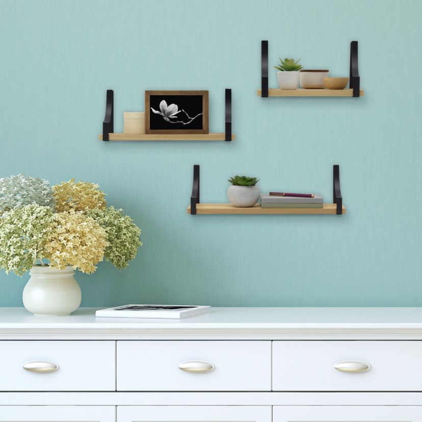Floating Wall, Wood and Curve Metal Shelves, for Bedroom, Living Room, Kitchen, Nursery, Set of 3, Natural