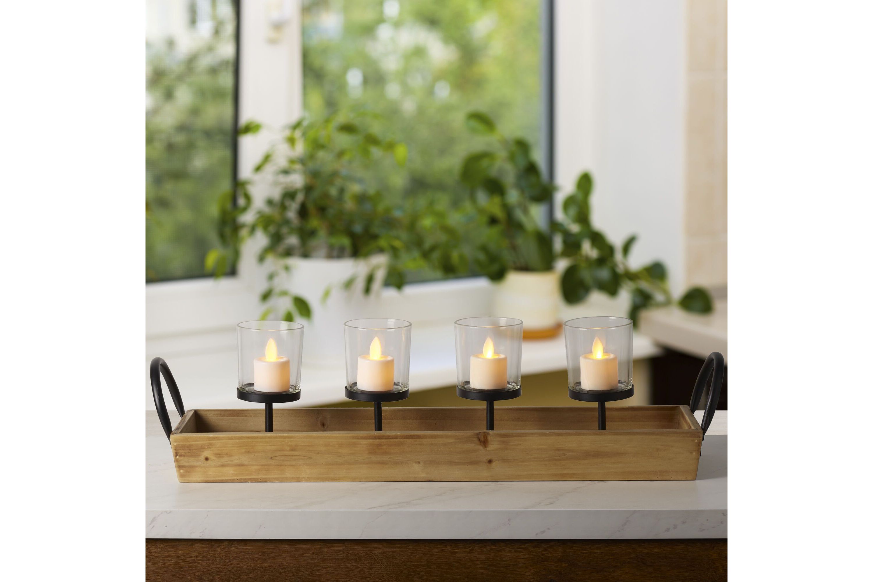 24 x 5-in Linear Wood and Glass Tea Light Holder