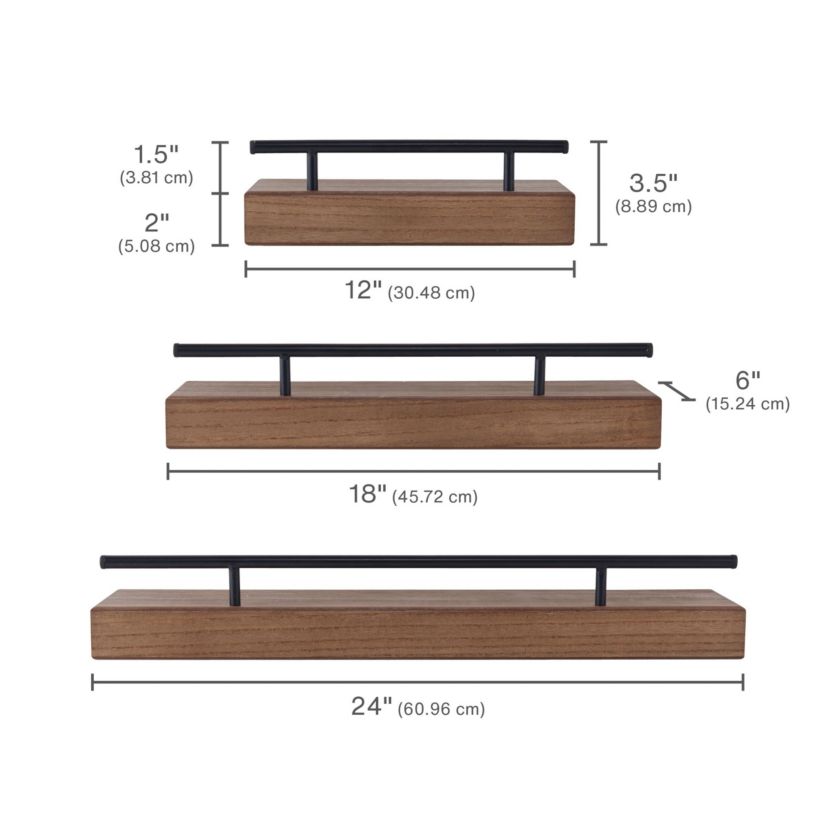 Floating Railing Shelf for Bedroom, Living Room, Bathroom, Kitchen, Set of 3
