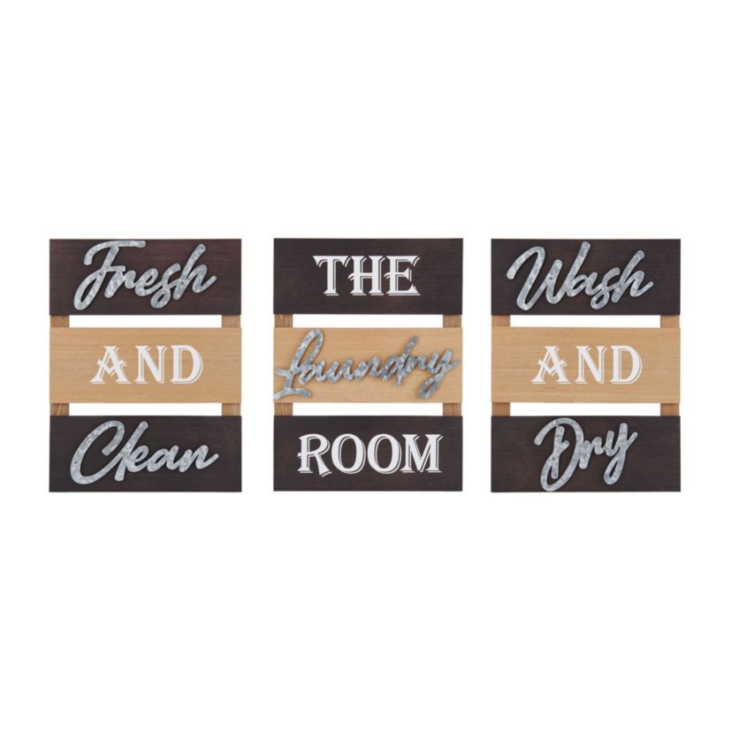 16 x 12-in Tri-Panel Wood and Metal 3-Piece Laundry Room Wall Decor Set