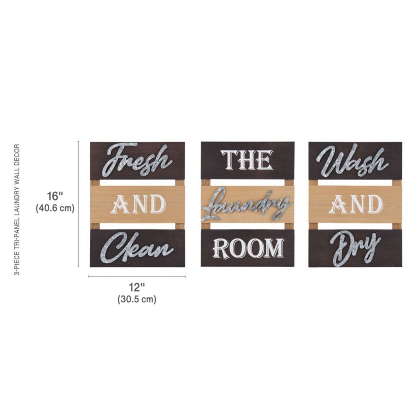 16 x 12-in Tri-Panel Wood and Metal 3-Piece Laundry Room Wall Decor Set