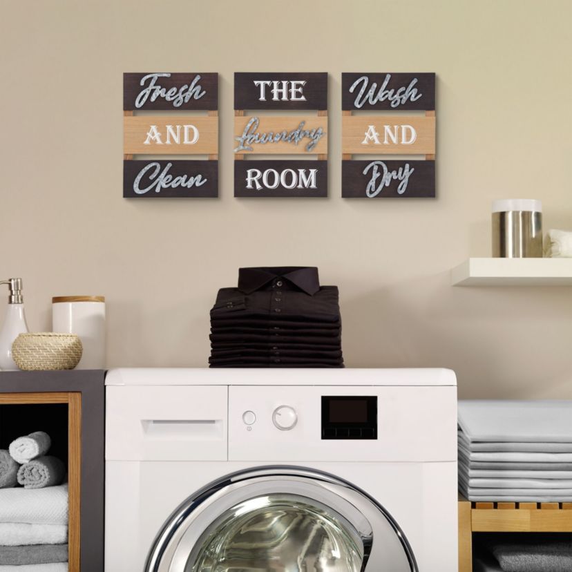 16 x 12-in Tri-Panel Wood and Metal 3-Piece Laundry Room Wall Decor Set