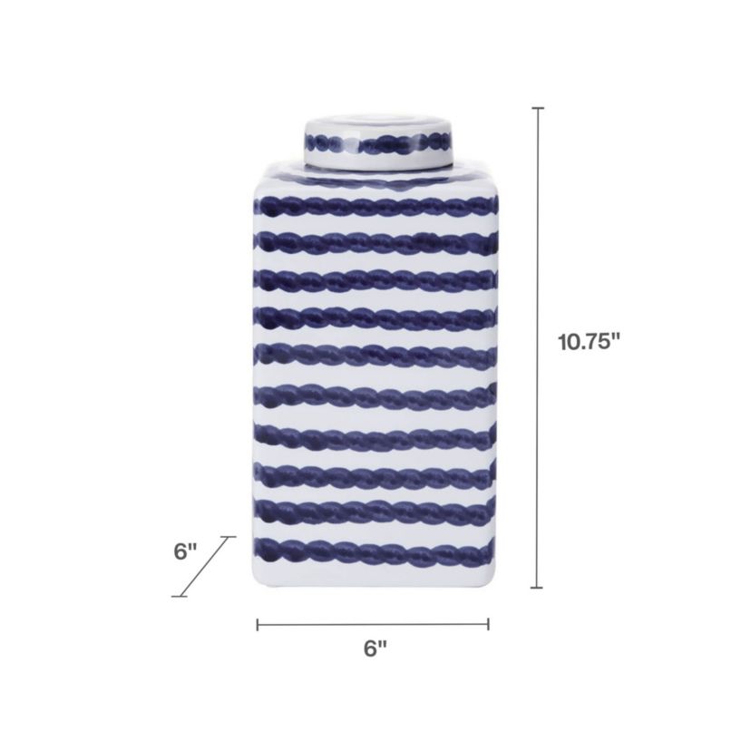 11-in Blue/White Paint Stroke Square Ceramic Ginger Jar