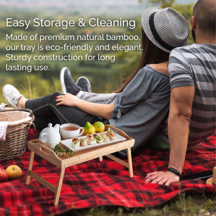 Bamboo Bed Tray, Breakfast Tray with Folding Legs, Serving Tray , TV Tray Table, Portable Tray, Eco-Friendly Bamboo Tray, 24.7x11.8x8.5 Inch, Natural