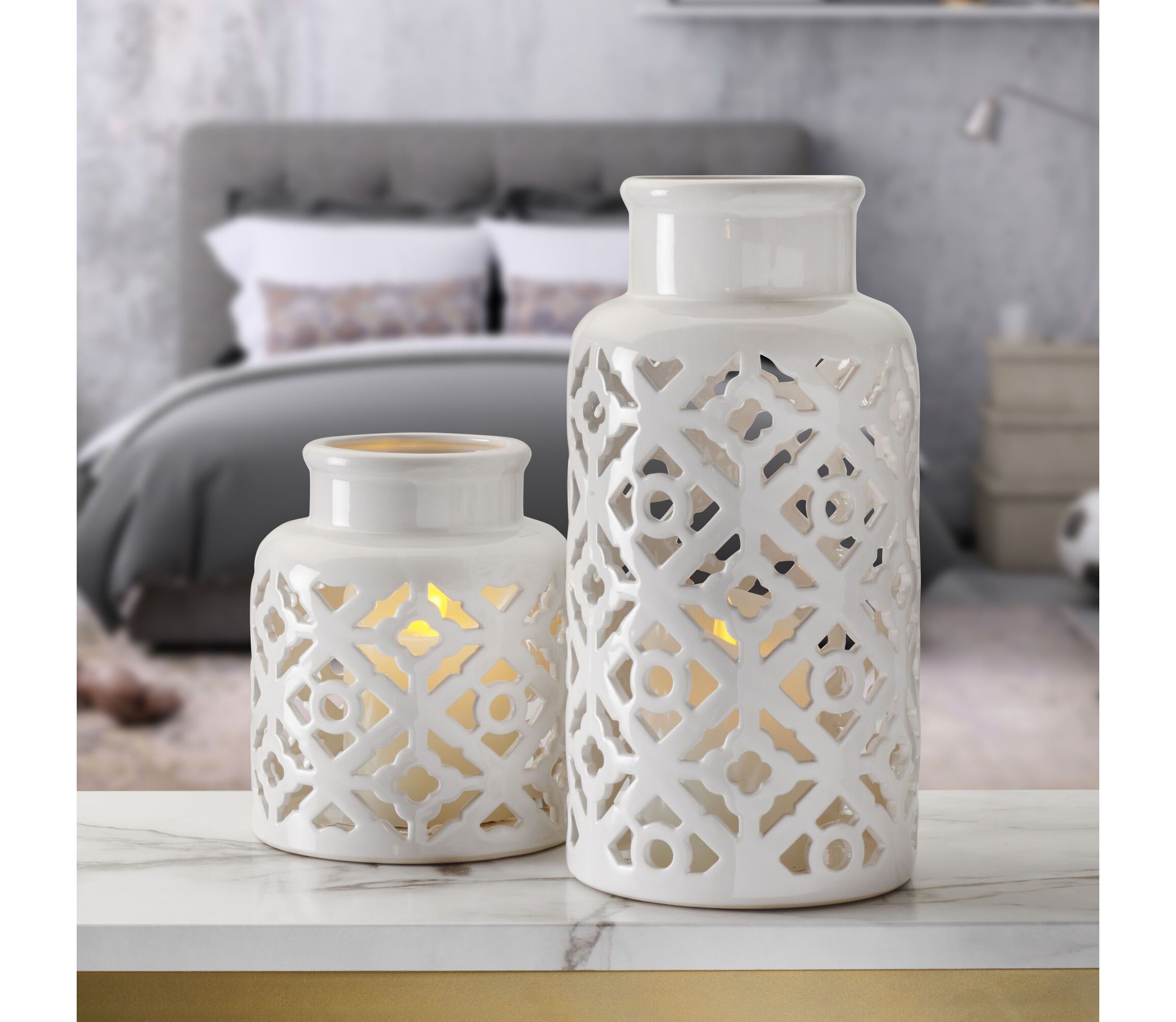 Set of 2 White Pierced Ceramic Vases