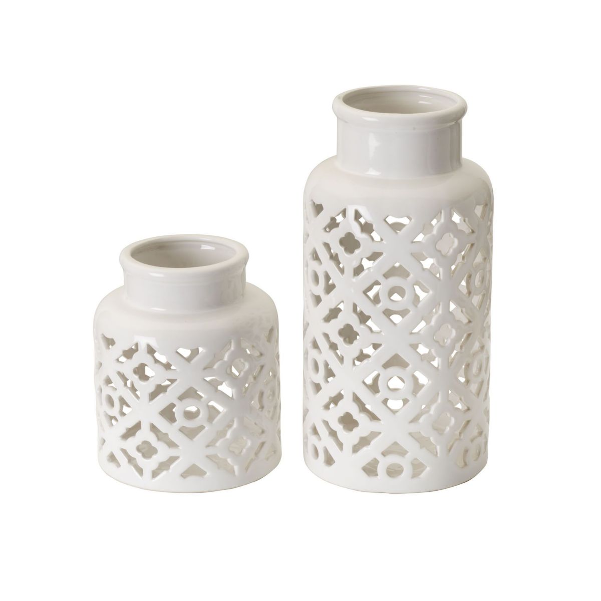 Set of 2 White Pierced Ceramic Vases