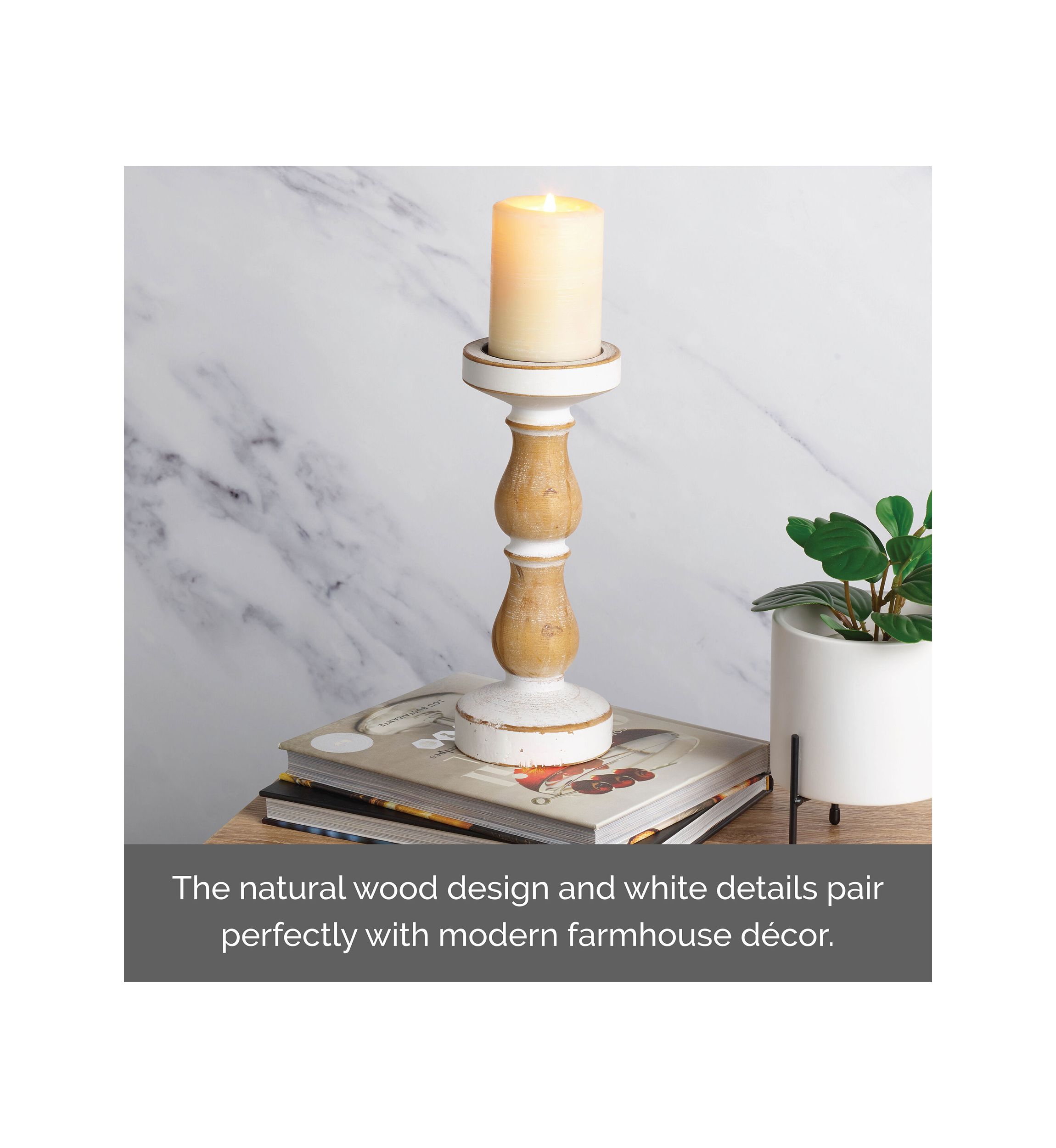 White & Natural Wood Candleholder