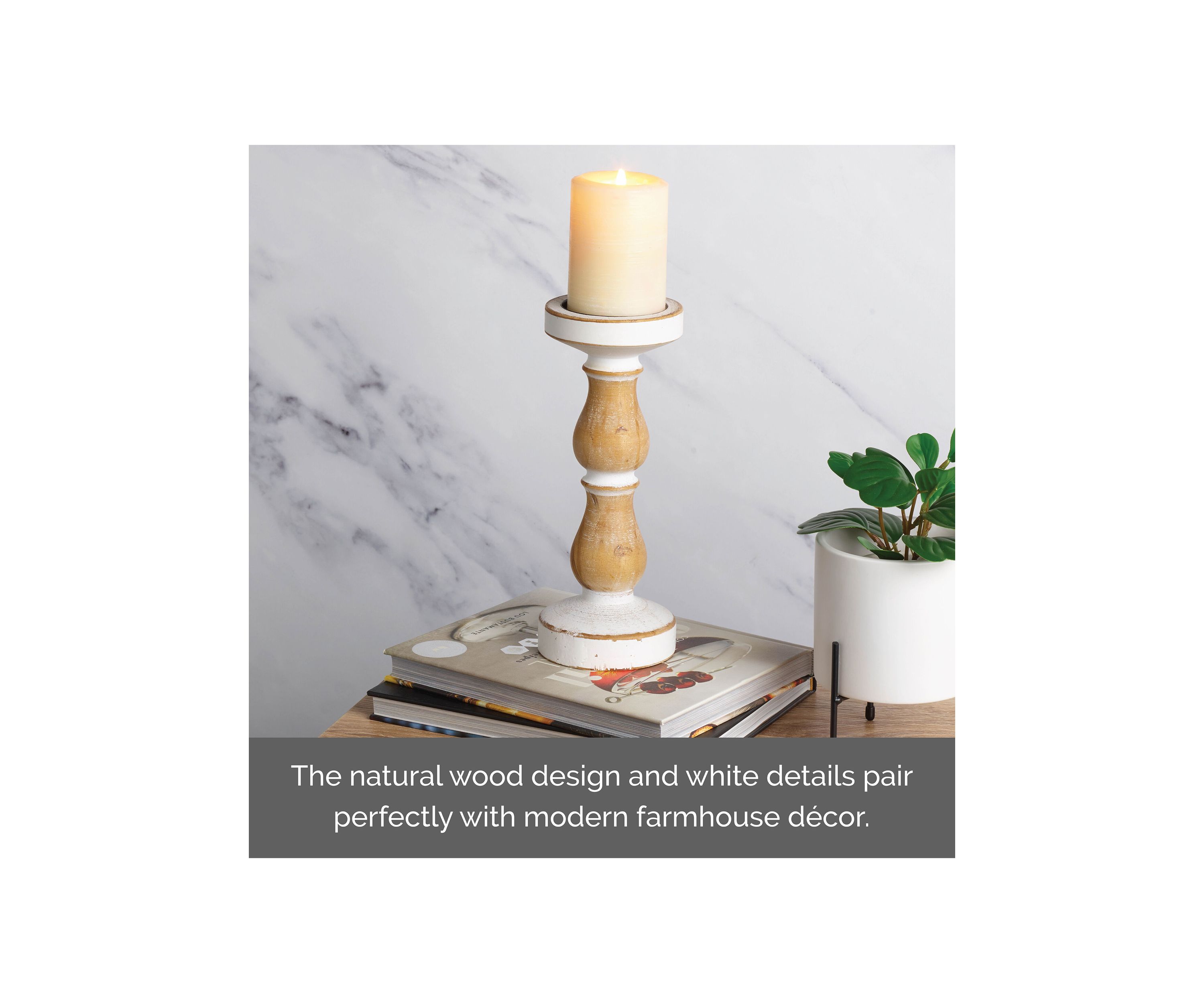 White & Natural Wood Candleholder