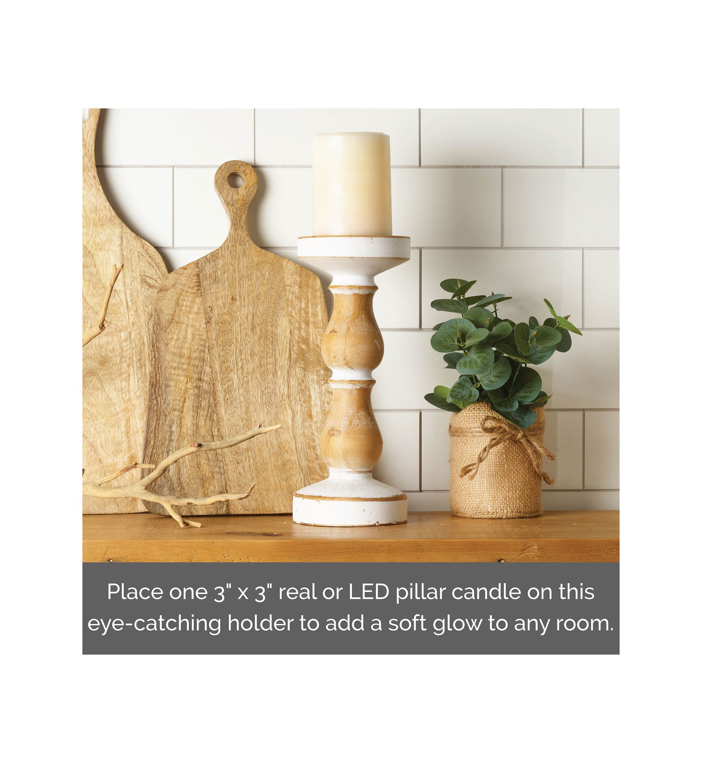 White & Natural Wood Candleholder