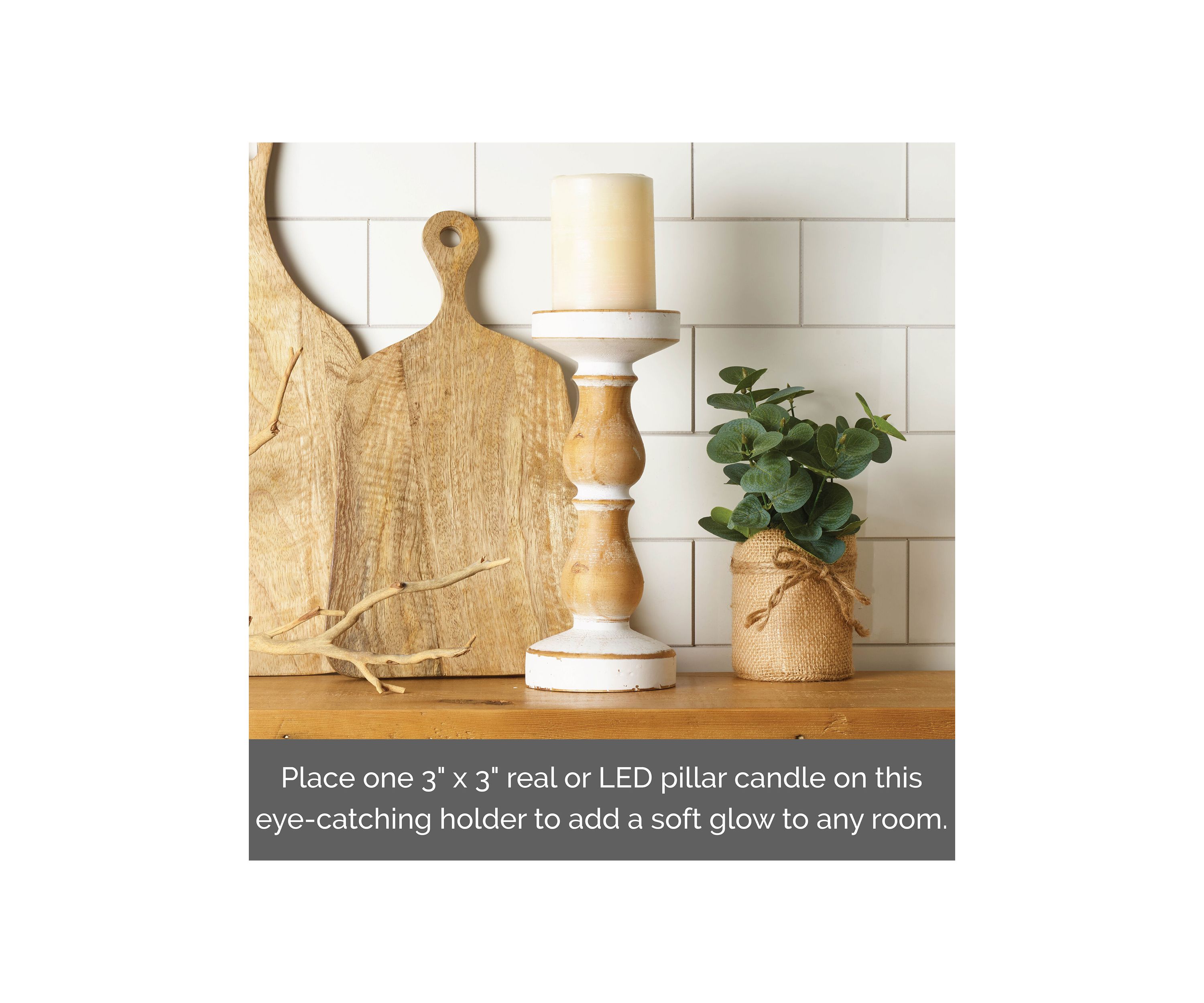 White & Natural Wood Candleholder