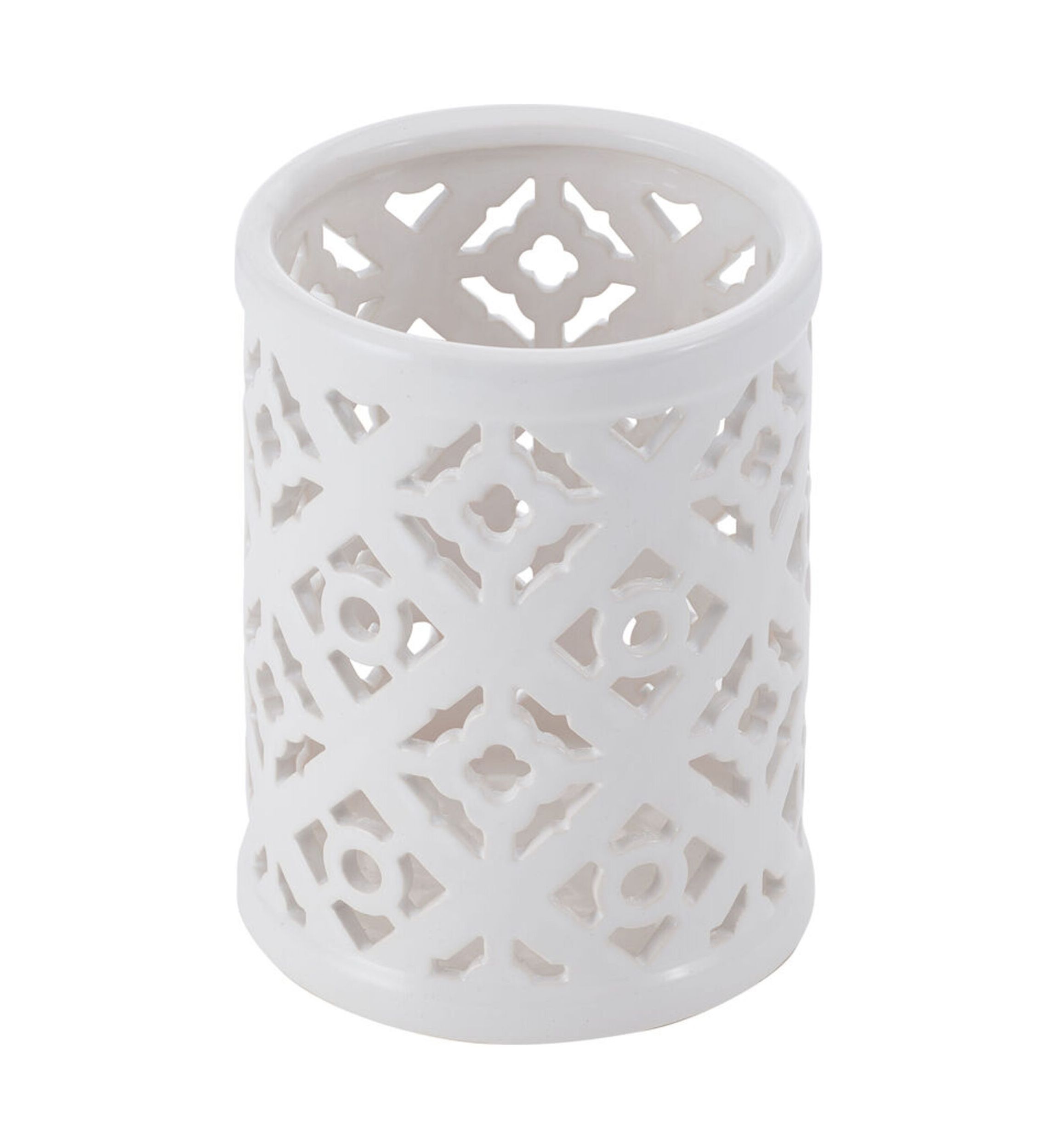 White Quatrefoil Pierced Ceramic Lantern