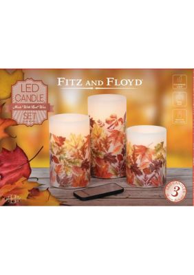 Fitz And Floyd Set Of 3 Harvest Leaf Decal Flameless Led Wax Pillar Candles