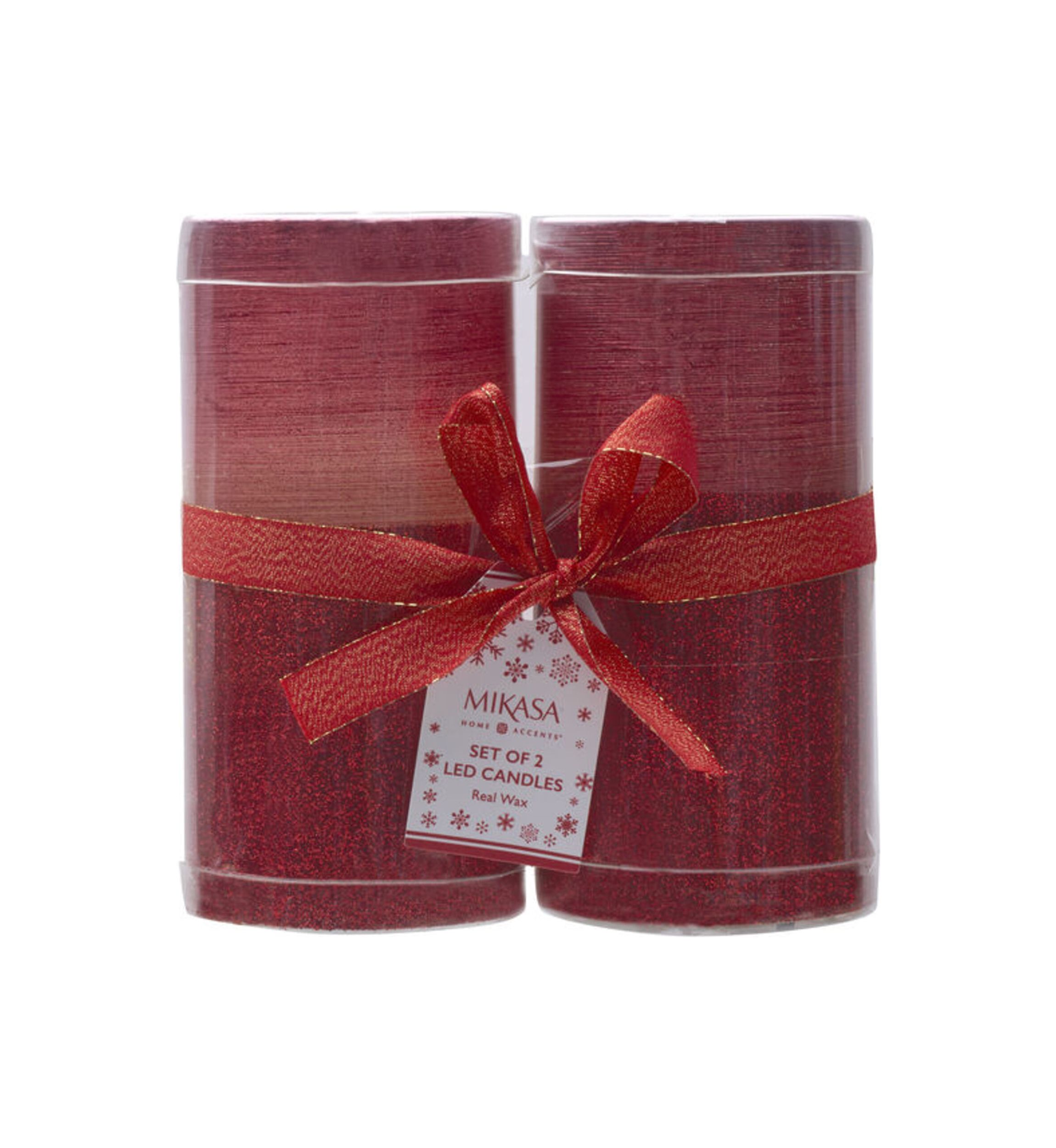 Set of 2 Red Half Glitter LED Wax Pillars