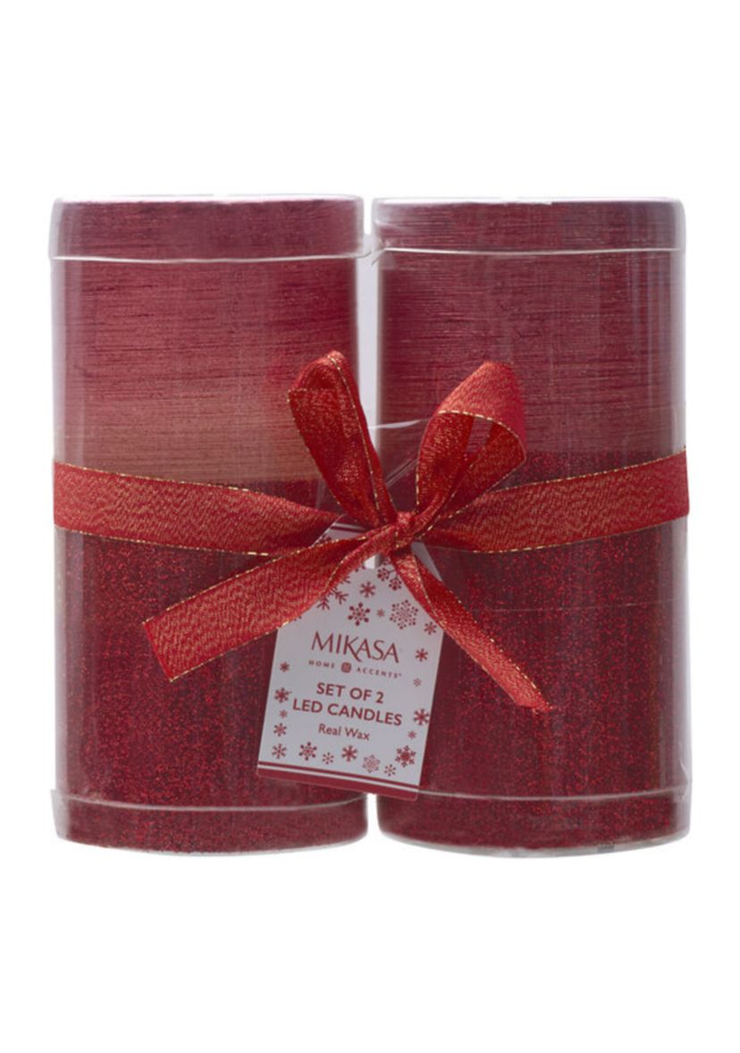Set of 2 Red Half Glitter LED Wax Pillars