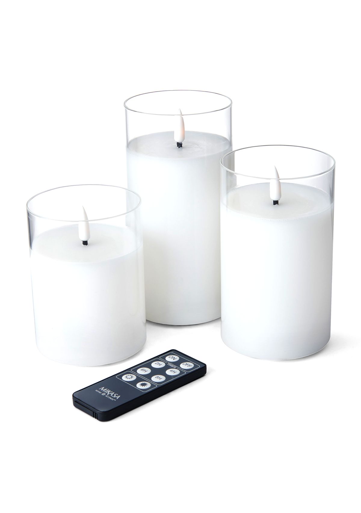 Set of 3 White  Realistic Teardrop Wick LED Pillars in Glass