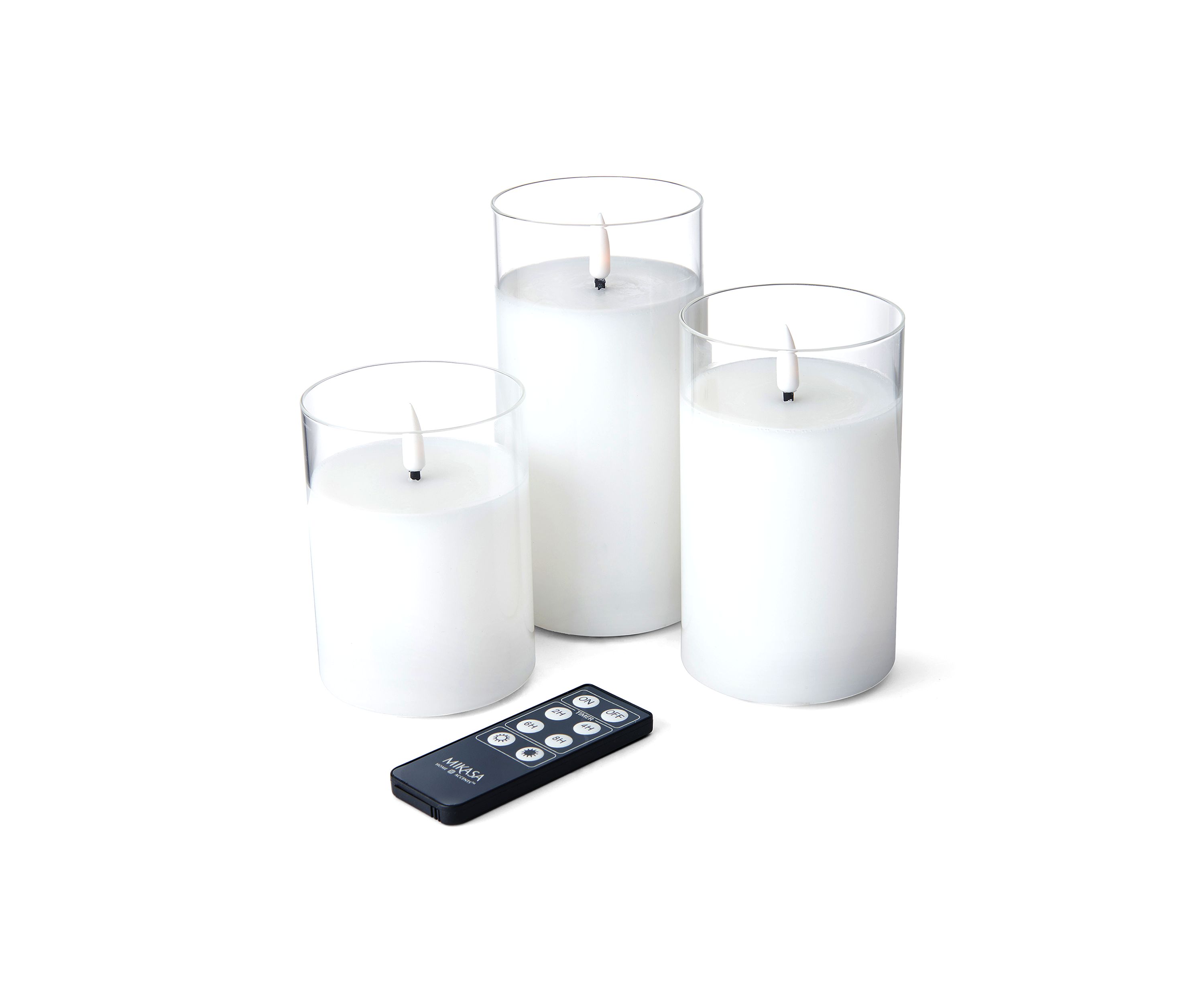 Set of 3 White  Realistic Teardrop Wick LED Pillars in Glass