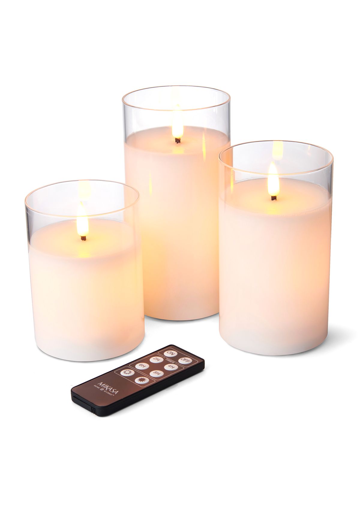 Set of 3 White  Realistic Teardrop Wick LED Pillars in Glass